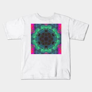 Mosaic Kaleidoscope Flower Green Blue and Pink Kids T-Shirt